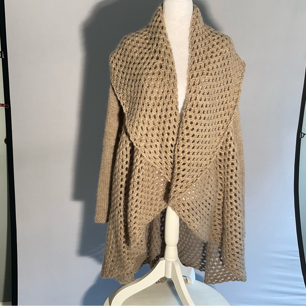 Anthropologie Elsamanda 2X Open Knit Hi/Lo Taupe Cardigan with Shawl Collar - Picture 10 of 16